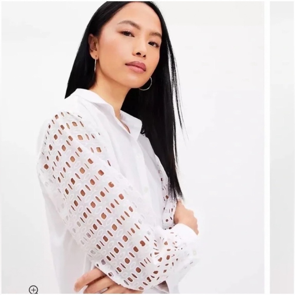 Ann Taylor LOFT Eyelet Long Sleeve Cotton Blend Dress Shirt XS White Top White - Picture 3 of 4